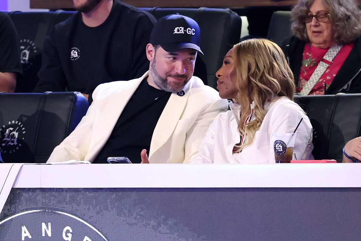 Serena Williams and Alexis Ohanian during the TGL presented by SoFi match between the New York Golf Club and Los Angeles Golf Club at SoFi Center on March 17, 2025 in Palm Beach Gardens, Florida. (Photo by Megan Briggs/TGL/TGL via Getty Images)