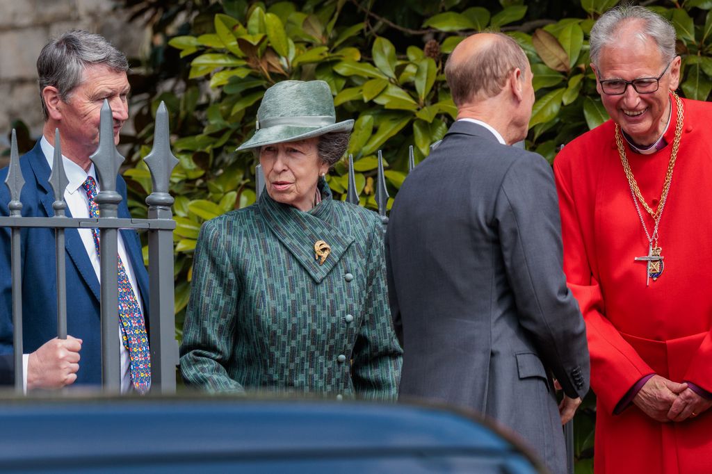 Sir Timothy Laurence, Princess Anne, Princess Royal, and Prince Edward, Duke of Edinburgh, depart after attending the Easter Sunday church service at St George's Chapel in Windsor Castle