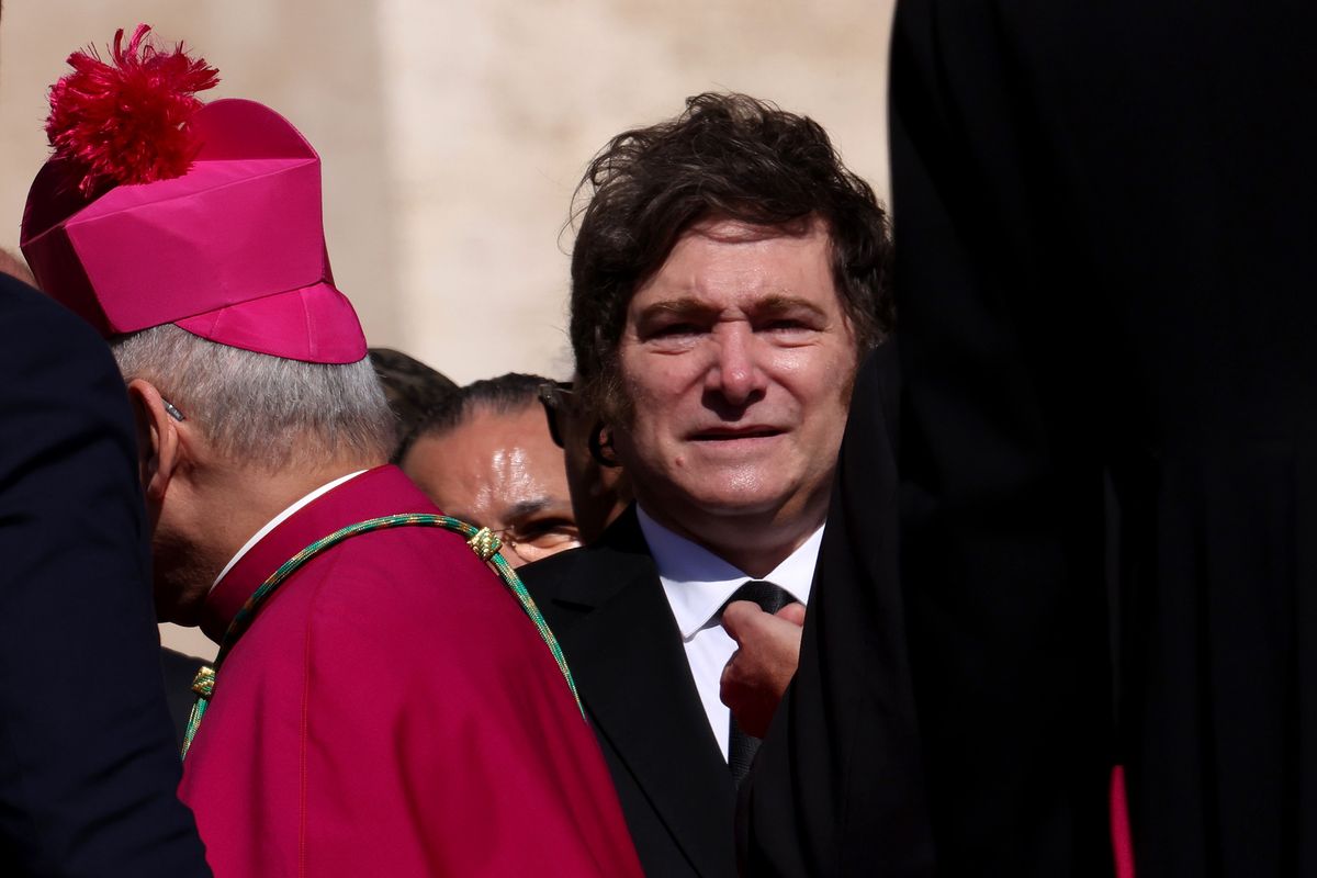 Argentina's President Javier Milei attends the funeral of Pope Francis in St. Peter's Square on April 26, 2025 in Vatican City, Vatican. 