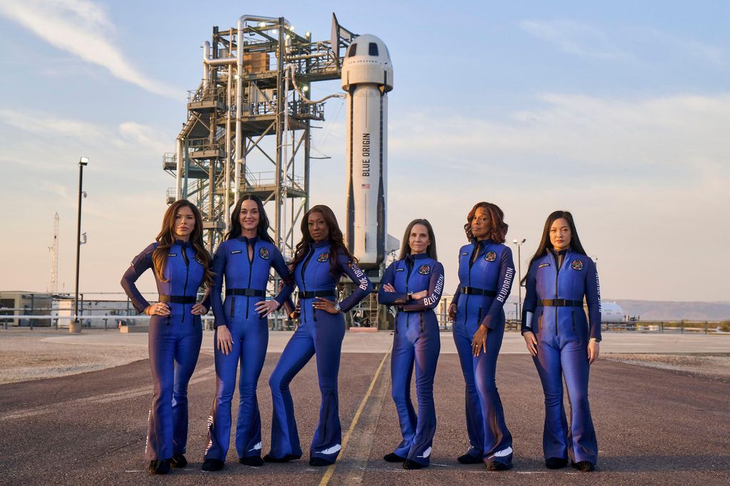 (From left) Lauren Sanchez (Jeff Bezos' fiancee), popstar Katy Perry, former NASA rocket scientist Aisha Bowe, film producer Kerianne Flynn, journalist Gayle King, and bioastronautics researcher Amanda Nguyen, pose at Launch Site One in West Texas