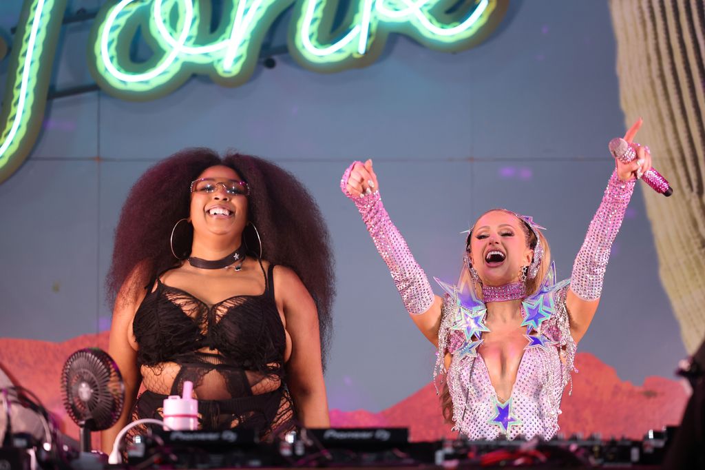 Lizzo and Paris Hilton perform at Diplo's HonkyTonk during the 2025 Stagecoach Festival