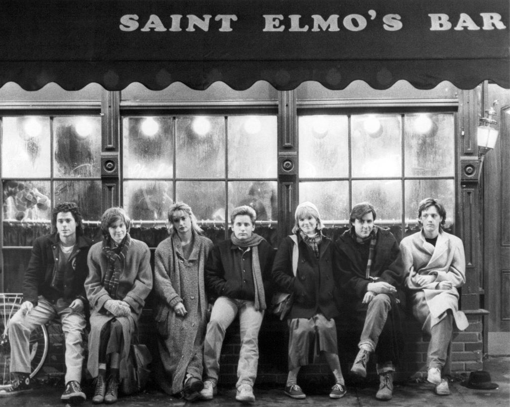 The cast of St. Elmo's Fire, left to right: Rob Lowe, Ally Sheedy, Demi Moore, Emilio Estevez, Mare Winningham, Judd Nelson and Andrew McCarthy