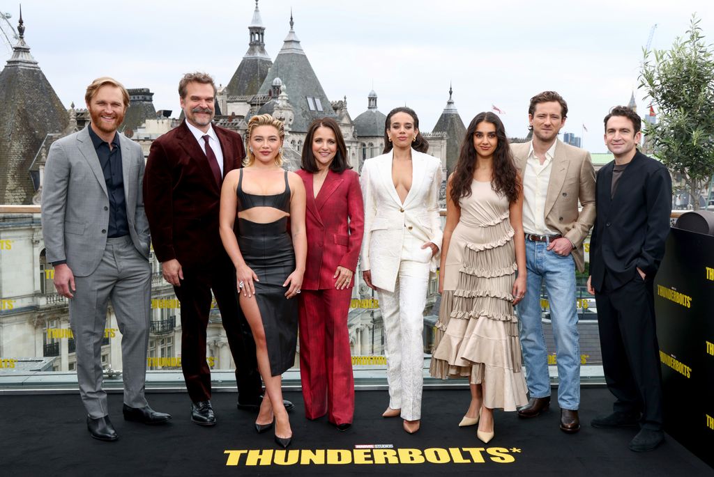 Wyatt Russell, David Harbour, Florence Pugh, Julia Louis-Dreyfus, Hannah John-Kamen, Geraldine Viswanathan, Lewis Pullman and Jake Schreier attend the UK photocall for Marvel Studios' 'Thunderbolts*' at The Corinthia Hotel on April 24, 2025 in London, England