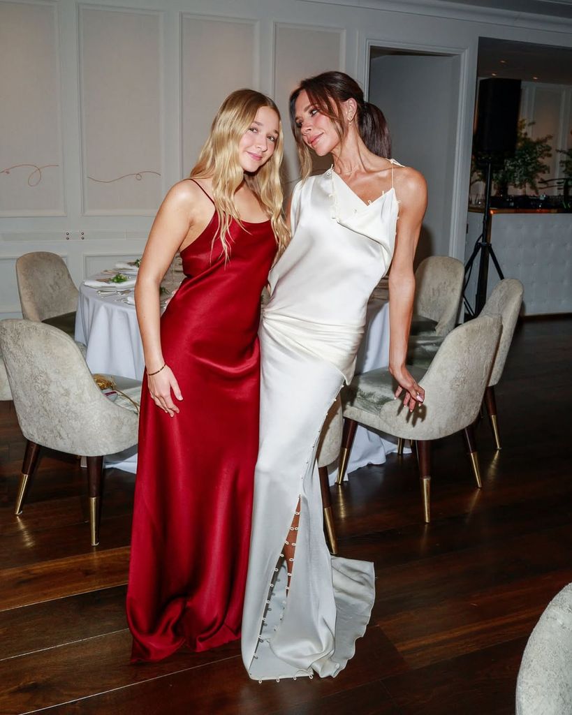 Victoria and Harper Beckham in red and white dresses
