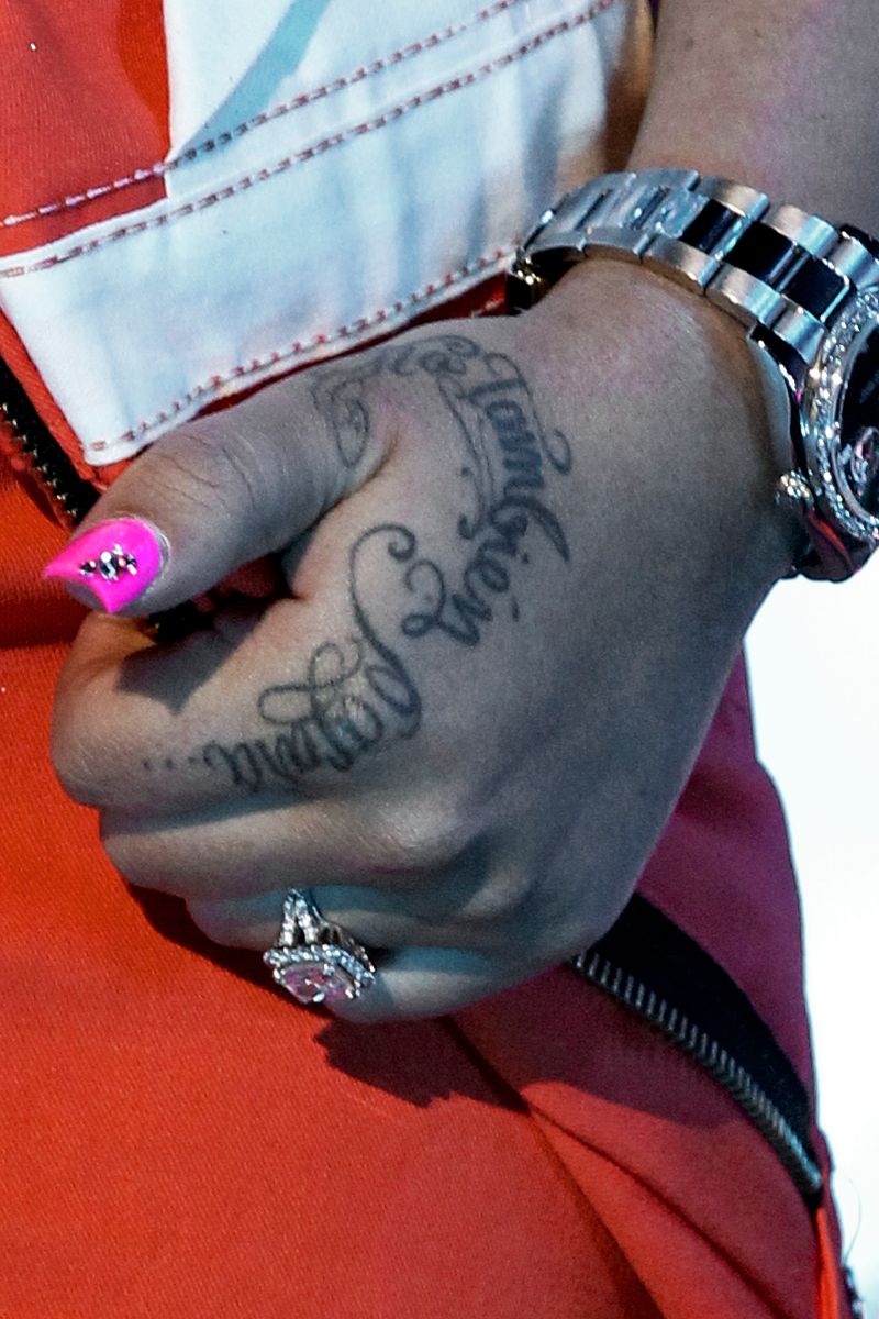 Karol G, tattoo detail, perform during a concert at Arena Ciudad de MÃxico on April 5, 2019 in Mexico City, Mexico.  (Photo by Medios y Media/Getty Images)