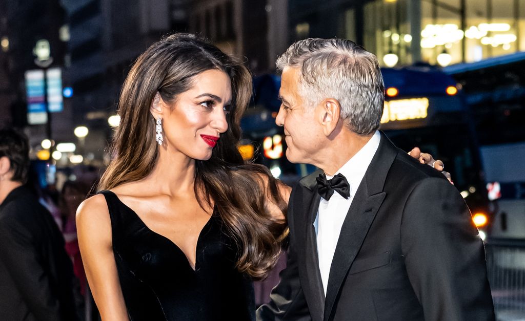 Amal Clooney and George Clooney are seen arriving to the Clooney Foundation for Justice's The Albies at New York Public Library