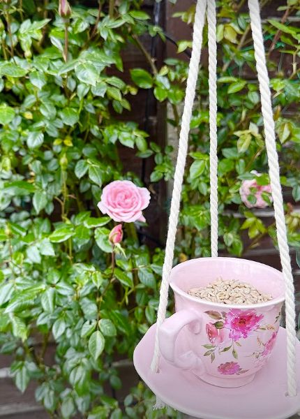 A teacup full of birdseed hanging from a set of ropes