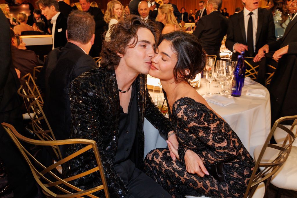 Timothee Chalamet and Kylie Jenner at the 81st Golden Globe Awards held at the Beverly Hilton Hotel on January 7, 2024 in Beverly Hills, California. (Photo by Christopher Polk/Golden Globes 2024/Golden Globes 2024 via Getty Images)