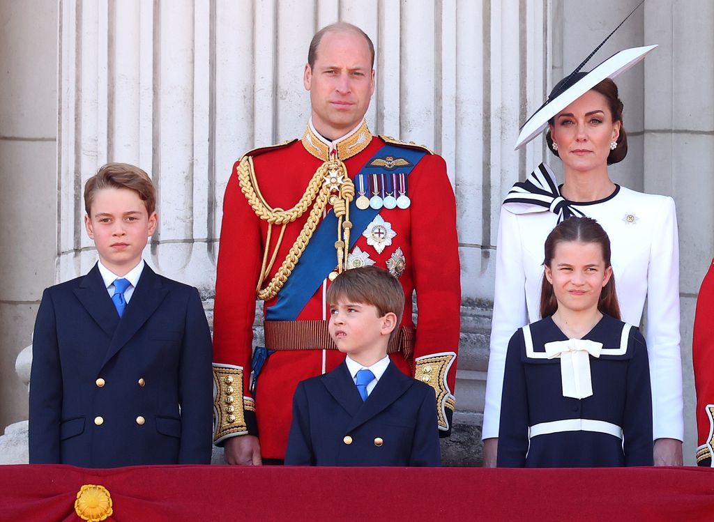 Prince George, Prince William, Prince Louis, the Princess of Wales and Princess Charlotte on the balcony during Trooping the Colour