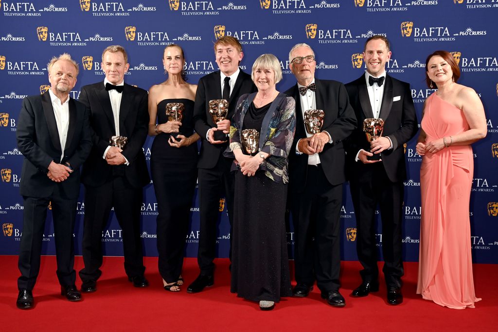 Limited Drama Award: Toby Jones, Patrick Spence, Natasha Bondy, James Strong, Gwyneth Hughes, Chris Clough, a guest and Monica Dolan
BAFTA Television Awards, Press Room, Royal Festival Hall, London, UK - 11 May 2025