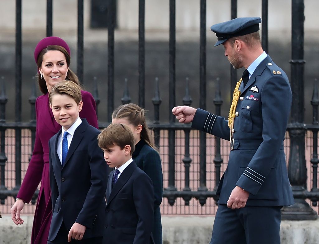 Prince George, Prince Louis, Princess Kate,  Princess Charlotte and Prince William arrive for the military procession to mark the 80th anniversary of VE Day