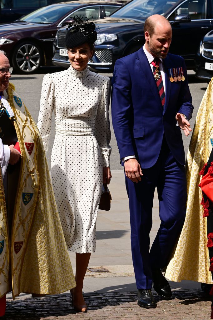 Catherine Princess of Wales and Prince William arrive at Westminster Abbey for the 80th Anniversary of VE Day Service of Thanksgiving