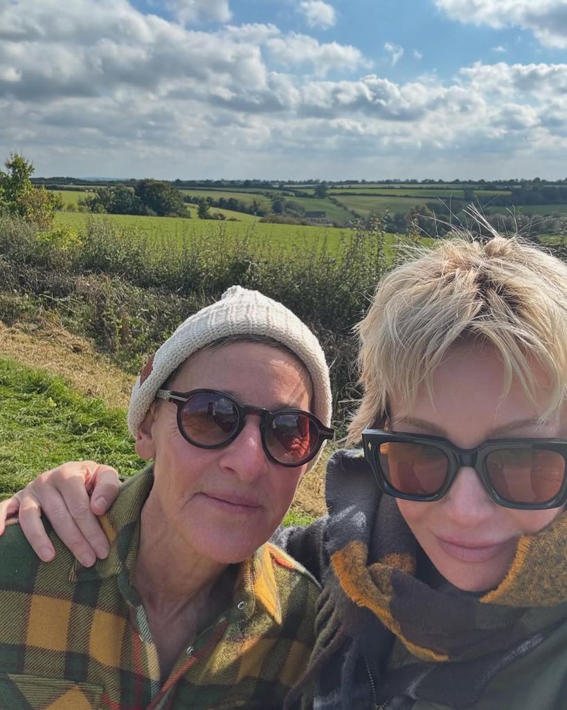 Ellen DeGeneres and Portia de Rossi take selfie with British coutryside in the background