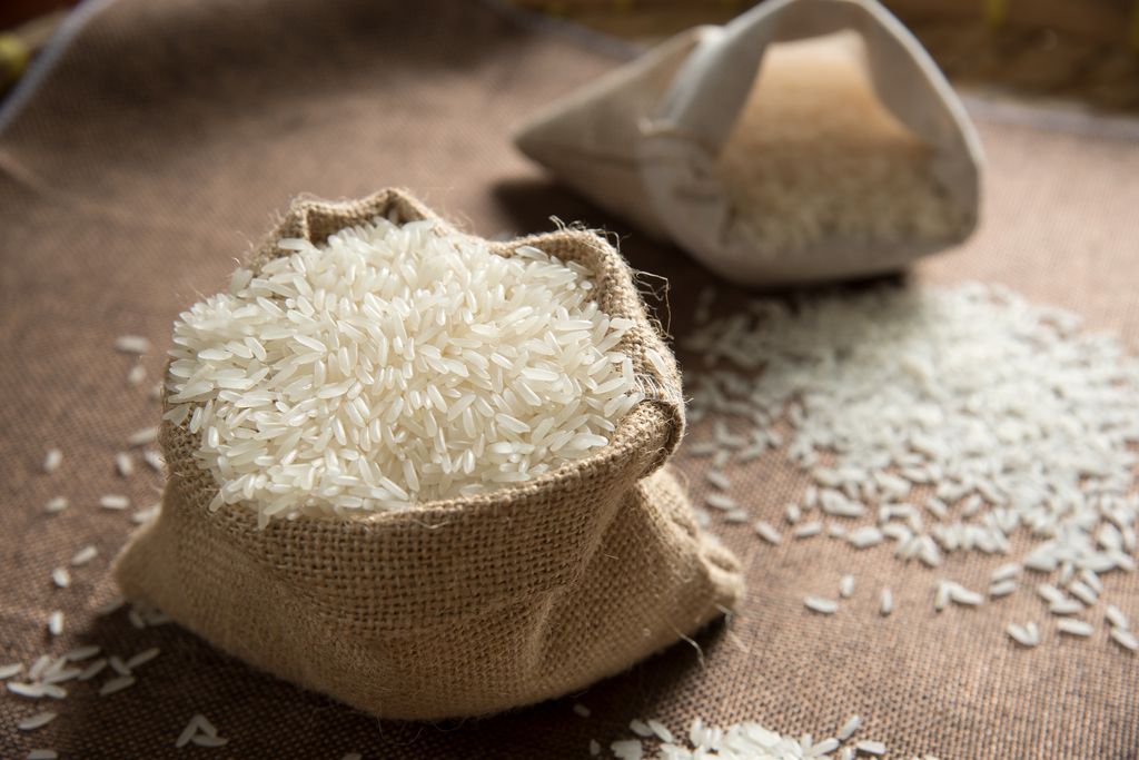 Jasmine rice thailand food. Rice raw grain. Seed rice in sack. Rice food concept.
