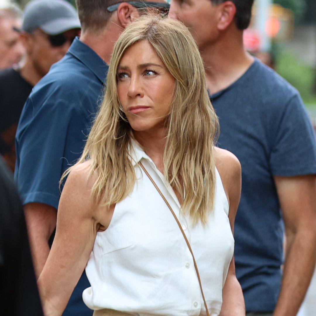 Jennifer Aniston is seen on the set of "The Morning Show" on July 27, 2024 in New York City