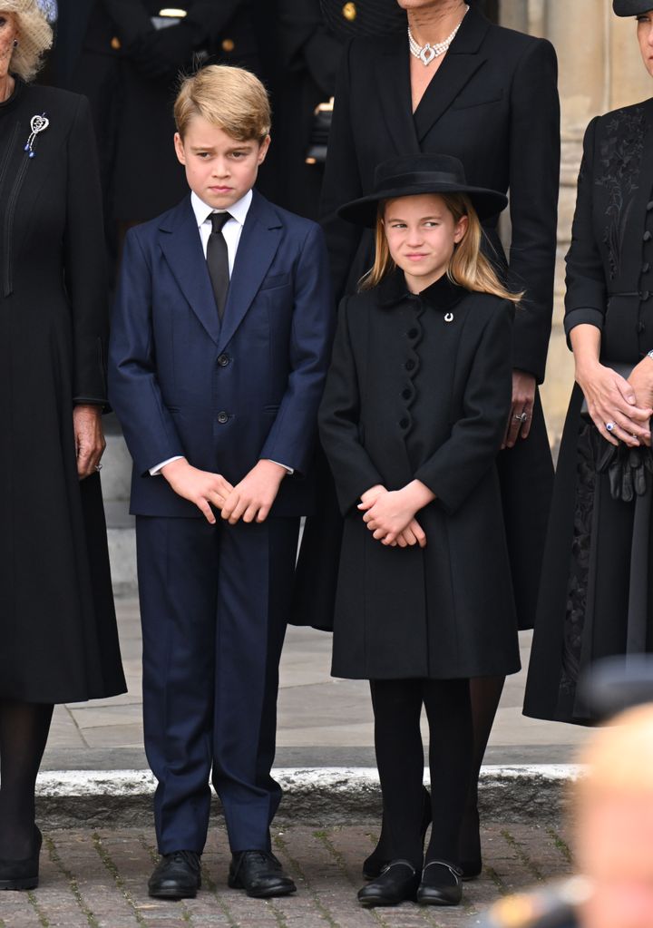 Prince George and Princess Charlotte during the State Funeral of Queen Elizabeth II on September 19, 2022