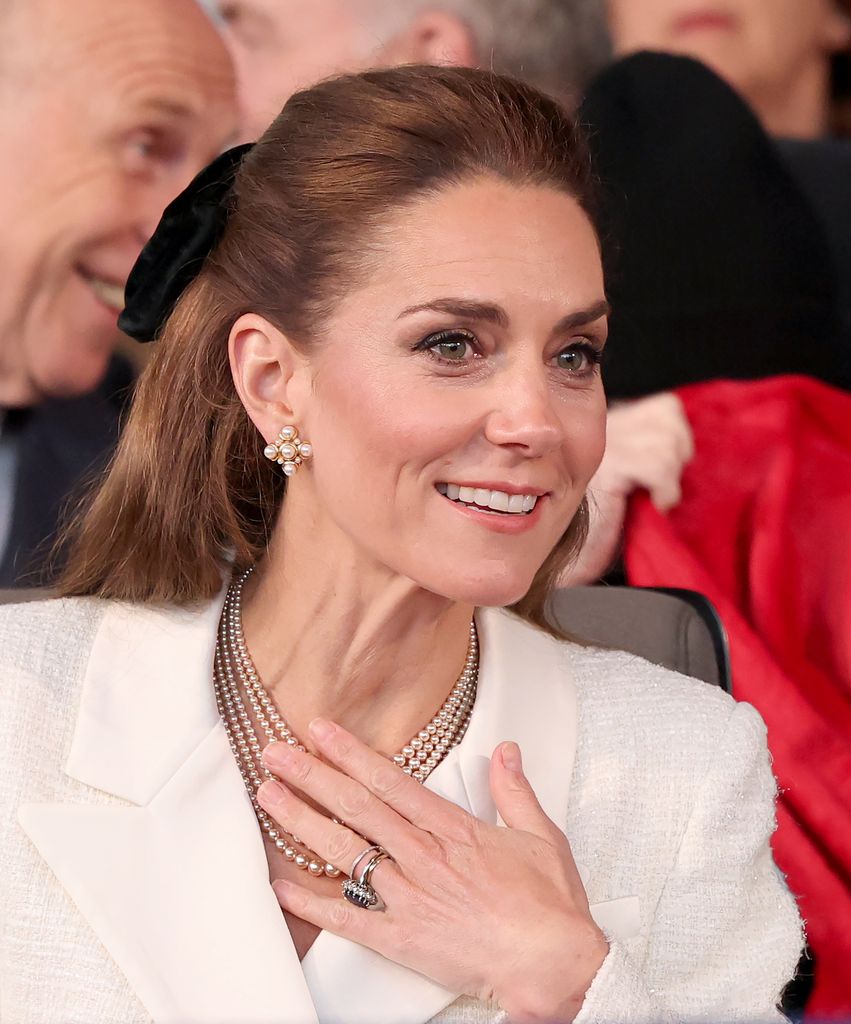 Kate Middleton, the Princes of Wales attends a concert to mark the 80th Anniversary of VE Day at Horse Guards Parade on May 08, 2025 in London, England. 