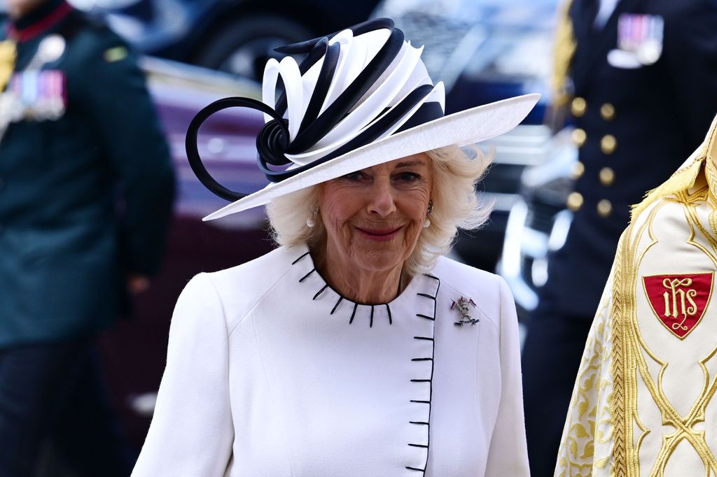 Queen Camilla arrives at Westminster Abbey for the 80th Anniversary of VE Day Service of Thanksgiving