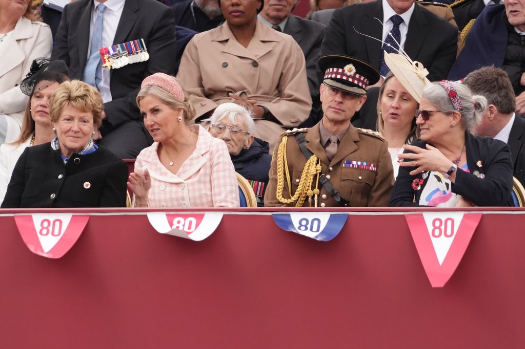 The Duke and Duchess of Edinburgh watching the military procession for the 80th anniversary of VE Day,