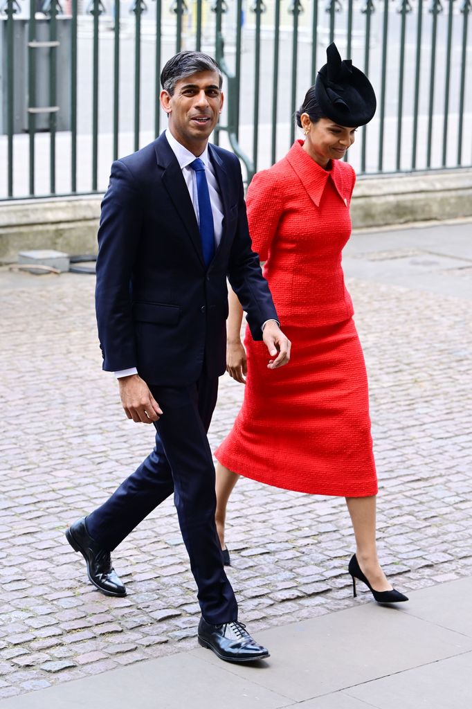 Former British Prime Minister Rishi Sunak and Akshata Murty arrive at Westminster Abbey for the 80th Anniversary of VE Day Service of Thanksgiving