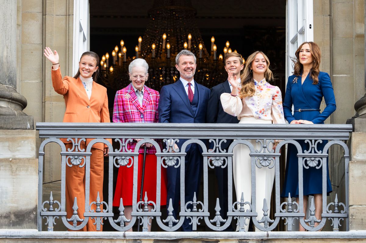 COPENHAGEN, DENMARK - MAY 26: (L-R)  Princess Isabella of Denmark, Queen Margrethe of Denmark, King Frederik X of Denmark, Prince Vincent of Denmark, Princess Josephine of Denmark and Queen Mary of Denmark appear on the balcony of Frederik VIII's Palace to celebrate the Kings's 57th birthday at Amalienborg Palace on May 26, 2025 in Copenhagen, Denmark.  (Photo by Martin Sylvest Andersen/Getty Images)
