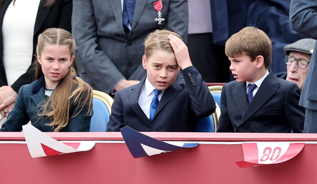 Princess Charlotte, Prince George and Prince Louis during the military procession to mark the 80th anniversary of VE Day