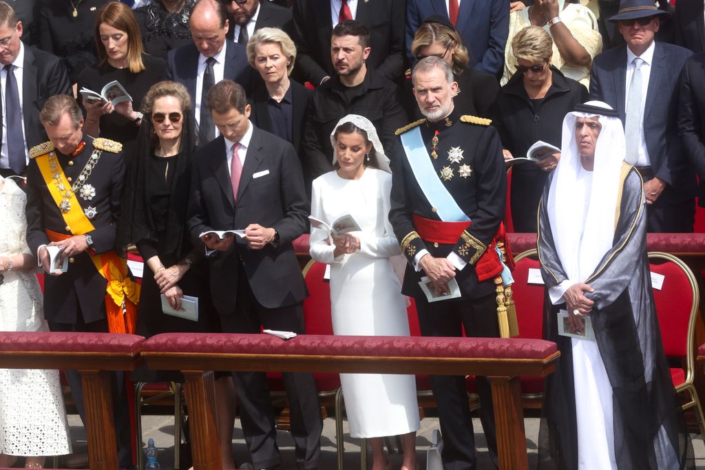 Ursula von der Leyen, (C Left) Volodymyr Zelensky his wife Olena Zelenska (C right), Queem Letizia of Spain and King Felipe VI of Spain (first raw) attend Pope Leo XIV inauguration Mass