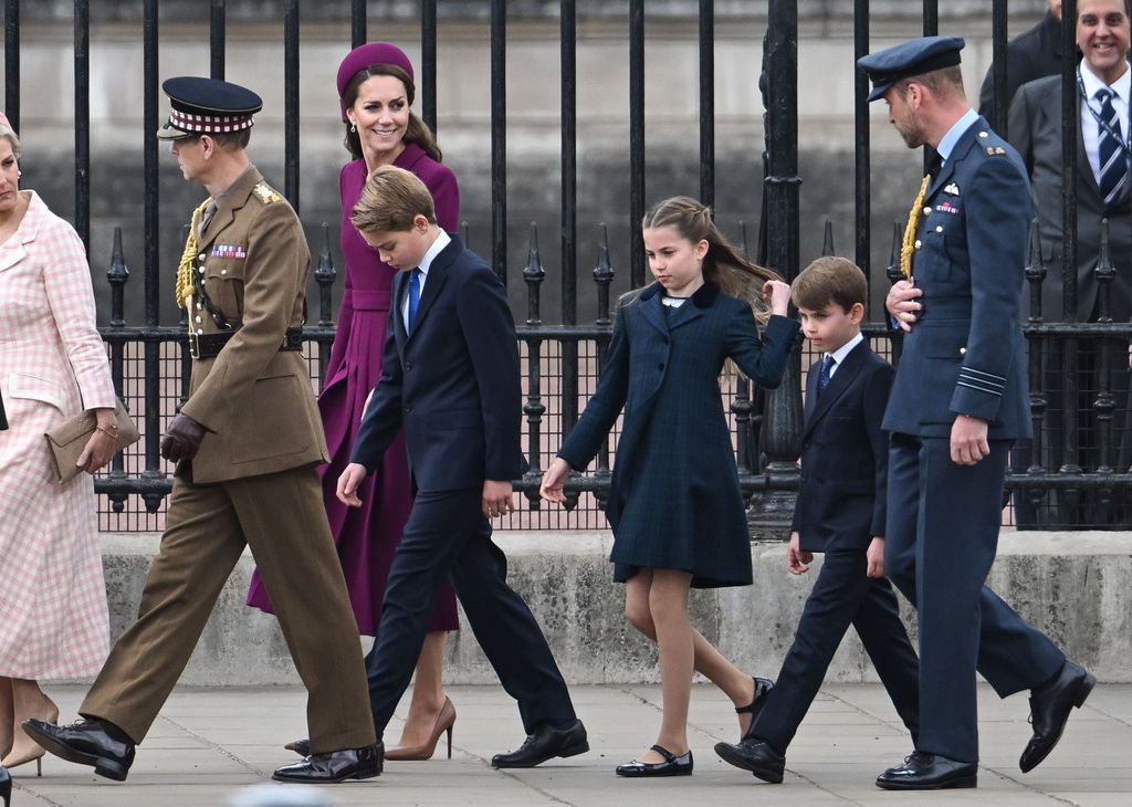 Princess of Wales, Prince George, Princess Charlotte, Prince Louis and Prince William attend the Military Parade to Mark the 80th Anniversary of VE Day