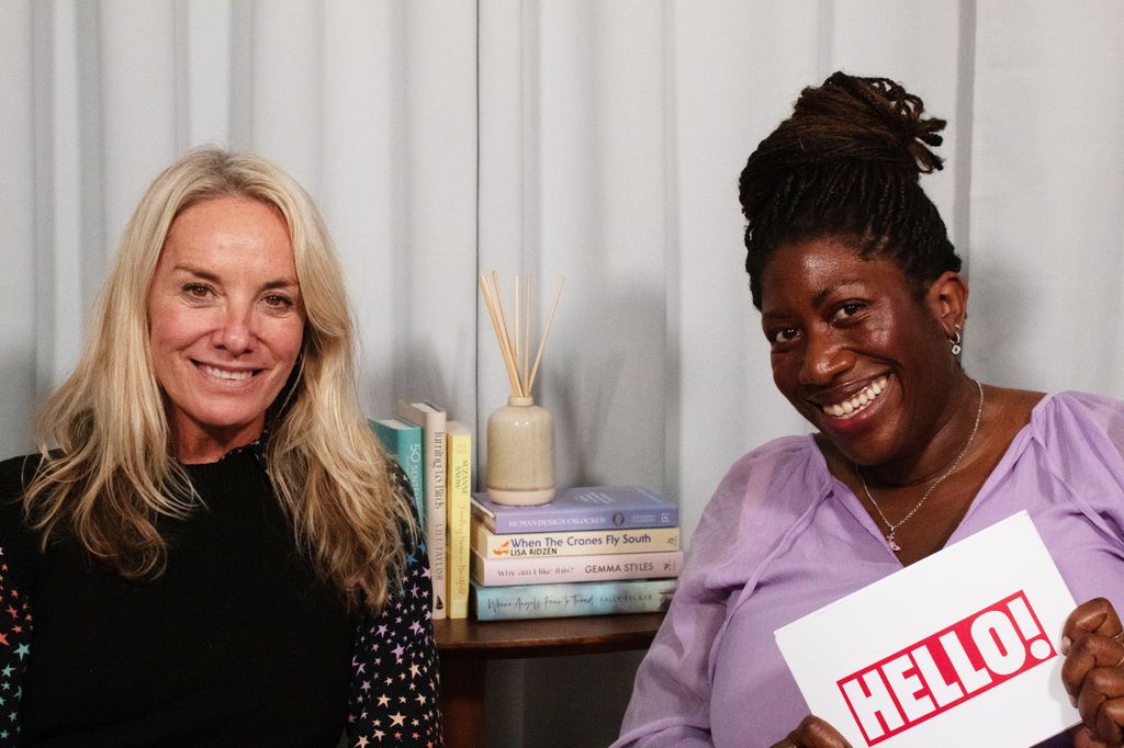 Tamzin Outhwaite and Ateh Jewel in a podcast studio