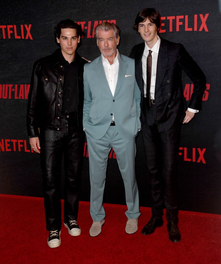 Paris Brosnan, Pierce Brosnan and Dylan Brosnan attend the Los Angeles Premiere Of Netflix's The Out-Laws in 2023