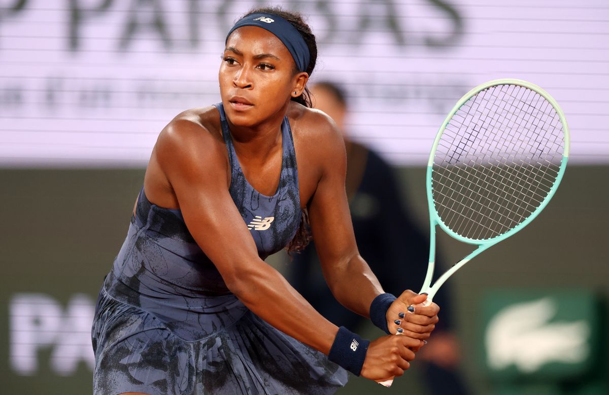  Coco Gauff of United States is seen in action against Lois Boisson of France in their semi-final match during day twelve at Roland Garros on June 05, 2025 
