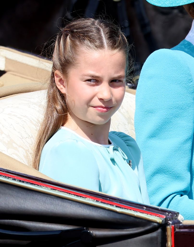Princess Charlotte of Wales travels by carriage during Trooping The Colour 2025 on June 14, 2025 in London, England. 