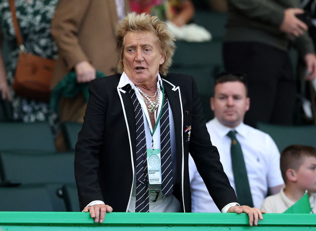 Rod Stewart watching a match between Celtic FC and St Mirren FC at Celtic Park