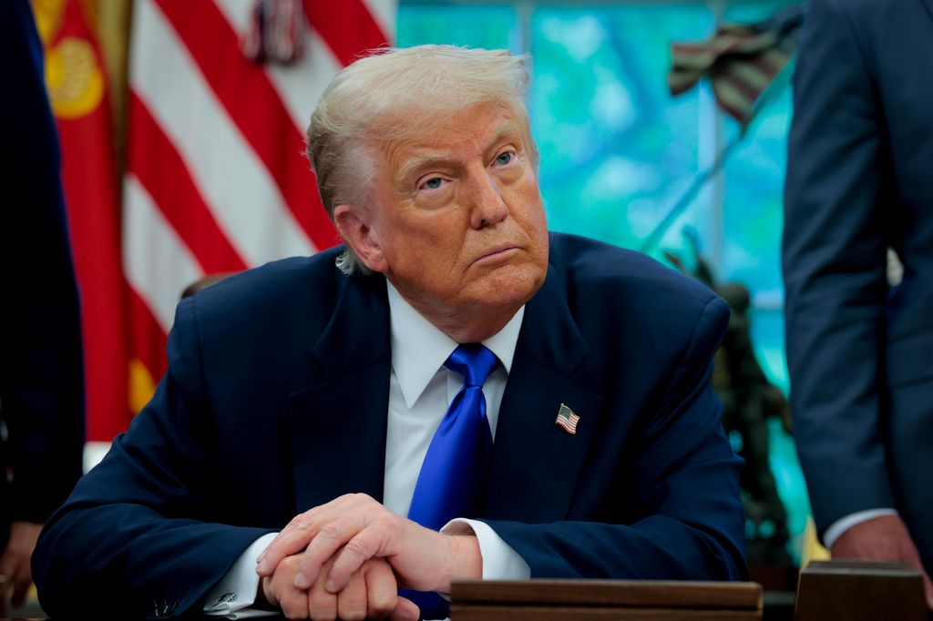 President Donald Trump takes a question from a reporter in the Oval Office at the White House on May 05, 2025 
