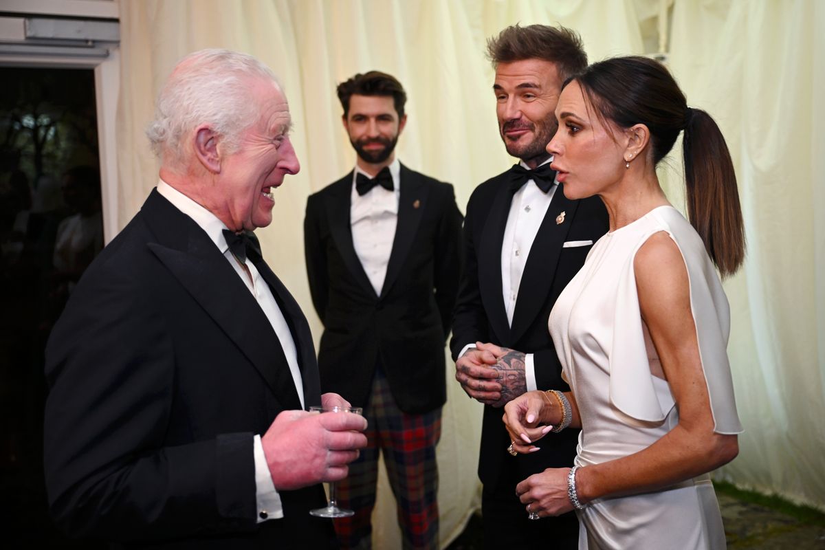 TETBURY, ENGLAND - FEBRUARY 07: King Charles III, David Beckham and Victoria Beckham during a dinner at Highgrove House on February 07, 2025 in Tetbury, England. In preparation for their upcoming State Visits to the Holy See and the Republic of Italy in early April 2025, The King and Queen will attend a special dinner alongside the Italian Ambassador to the UK, His Excellency Inigo Lambertini, Mrs. Maria Grazia Lambertini, and Italian-American actor Stanley Tucci. The event will celebrate the values of Slow Food and Slow Fashion. (Photo by Finnbarr Webster/Getty Images)