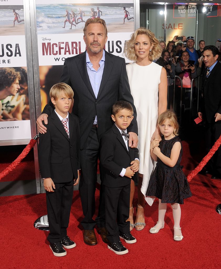 Kevin Costner, wife Christine Baumgartner and children Grace Avery Costner, Hayes Logan Costner and Cayden Wyatt Costner in 2015