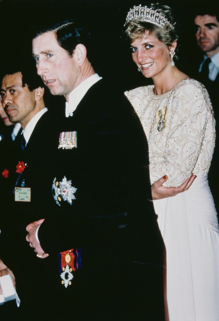 Prince Charles and Diana, Princess of Wales attend a banquet held by the Japanese Emperor in Tokyo, Japan