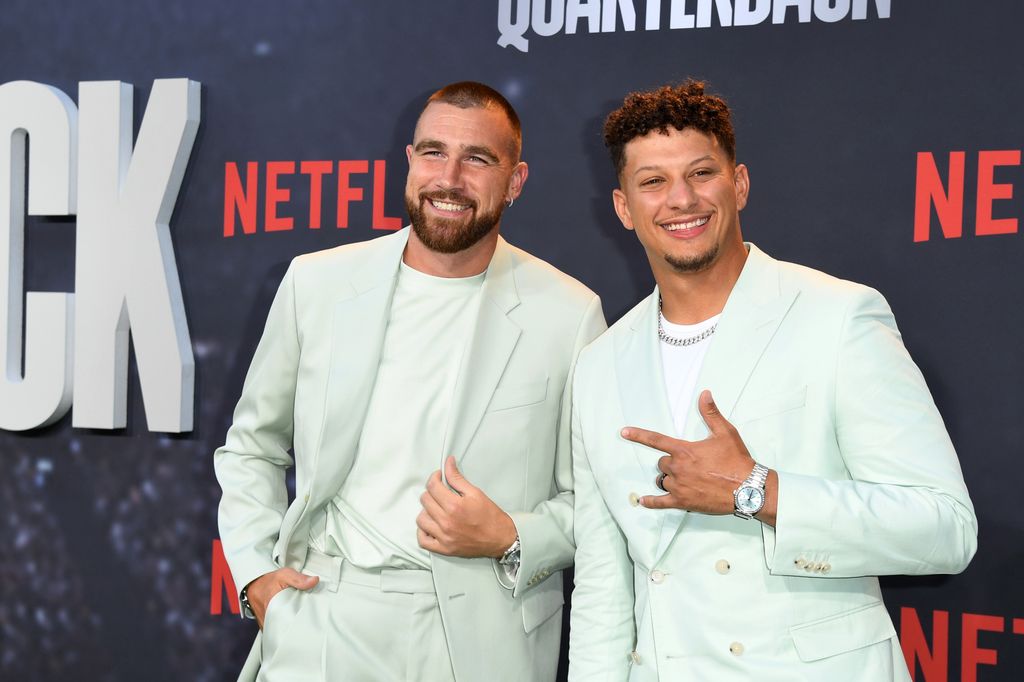 Travis Kelce and Patrick Mahomes attend the Los Angeles Premiere Of Netflix's "Quarterback" at TUDUM Theater on July 11, 2023 in Hollywood, California