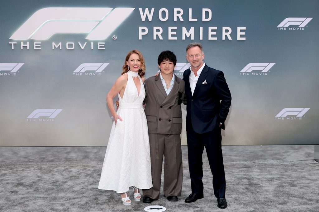 geri and christian horner posing at premiere with yuki tsunoda 