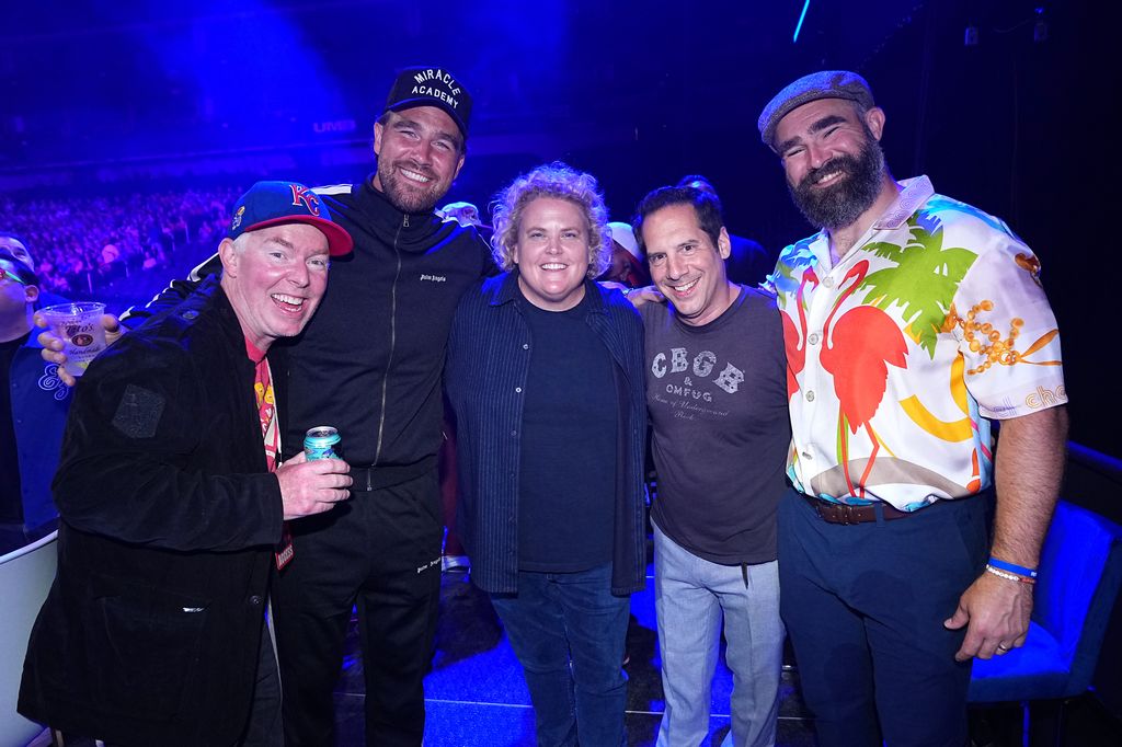 L-R) Richard Christy, Travis Kelce, Fortune Feimster, Seth Herzog, and Jason Kelce pose during the Big Slick Celebrity Weekend 