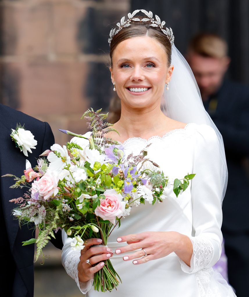 Olivia Grosvenor, Duchess of Westminster departs Chester Cathedral following her and Hugh Grosvenor, Duke of Westminster's wedding ceremony