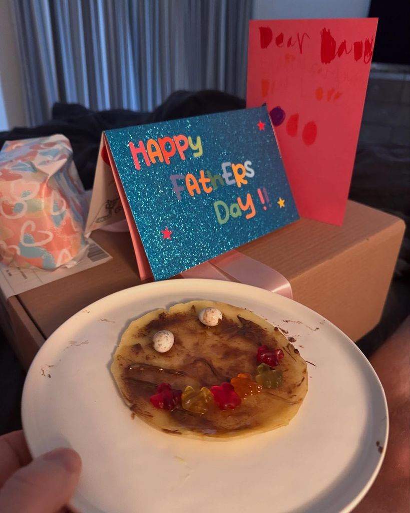 pancake on plate with fathers day card