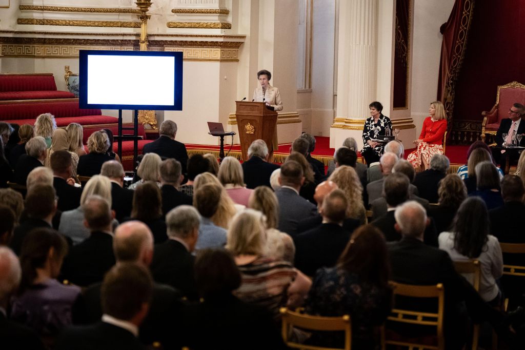 Princess Anne speaking to a large crowd