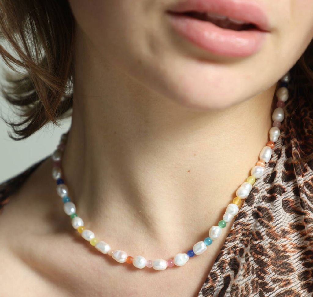 Peachy & Wild Freshwater Pearl And Rainbow Moonstone Bead Necklace