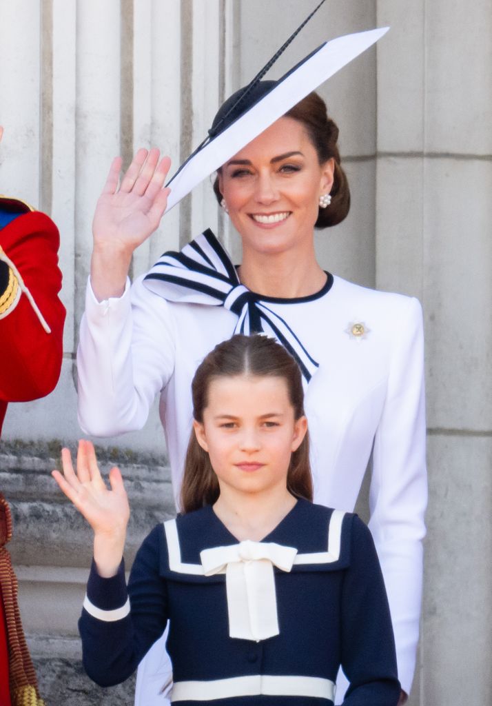 Catherine, Princess of Wales and Princess Charlotte of Wales during Trooping the Colour on June 15, 2024 in London, England. Trooping the Colour is a ceremonial parade celebrating the official birthday of the British Monarch. The event features over 1,400 soldiers and officers, accompanied by 200 horses. More than 400 musicians from ten different bands and Corps of Drums march and perform in perfect harmony. (Photo by Samir Hussein/WireImage)