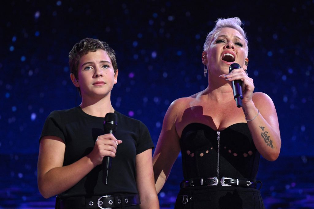 Pink (R) and her daughter Willow (L) perform on the fourth and last day of the Democratic National Convention (DNC) at the United Center in Chicago, Illinois, on August 22, 2024