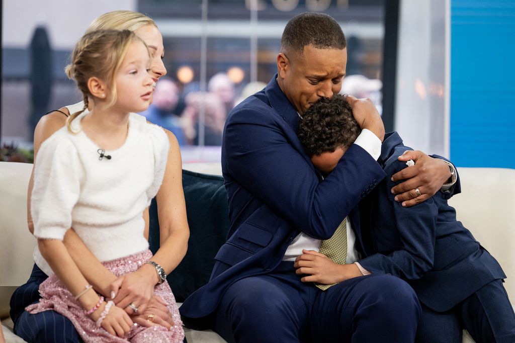 Craig Melvin with wife Lindsay Czarniak and kids Delano and Sybil emotional hugging on Today