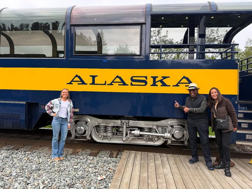 Dylan Dreyer, Al Roker and Kaylee Hartung take a photo beside a train in Alaska on assignment for TODAY, shared on Instagram