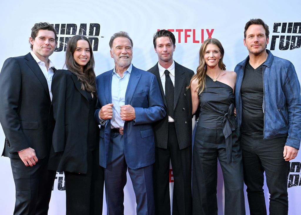 Christopher Schwarzenegger, Christina Schwarzenegger, Arnold Schwarzenegger, Patrick Schwarzenegger, Katherine Schwarzenegger, and Chris Pratt attend Netflix's "FUBAR" Season 2 Los Angeles Premiere