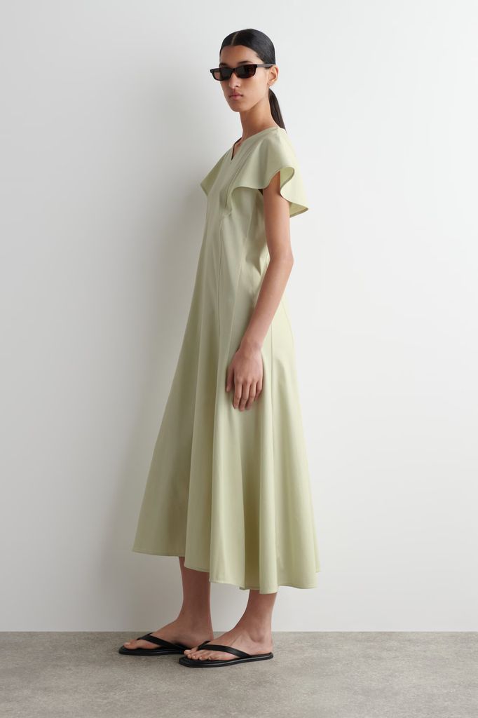 PETAL-SLEEVE COTTON MIDI DRESS in sage